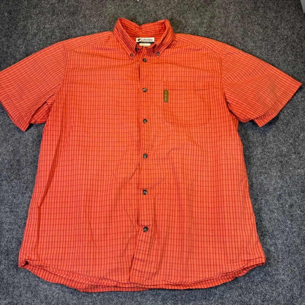 Columbia Men's Large Orange Plaid Short Sleeve Button‎ Up Shirt Outdoor Casual